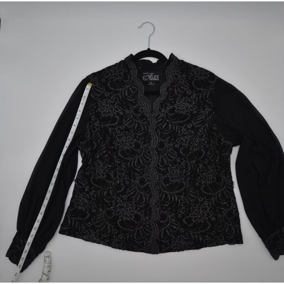 Alex Evenings Black Blouse with lace overlay and sheer sleeves - Picture 7 of 8